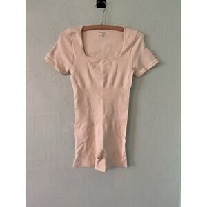 OQQ Women’s Med Beige Yoga Ribbed Romper Workout Exercise Tummy Thigh Control